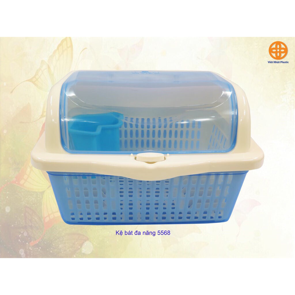 Kệ úp bát đa năng nhựa cao cấp , kệ úp bát đĩa có lồng nắp đậy kèm ống cắm đũa 5568