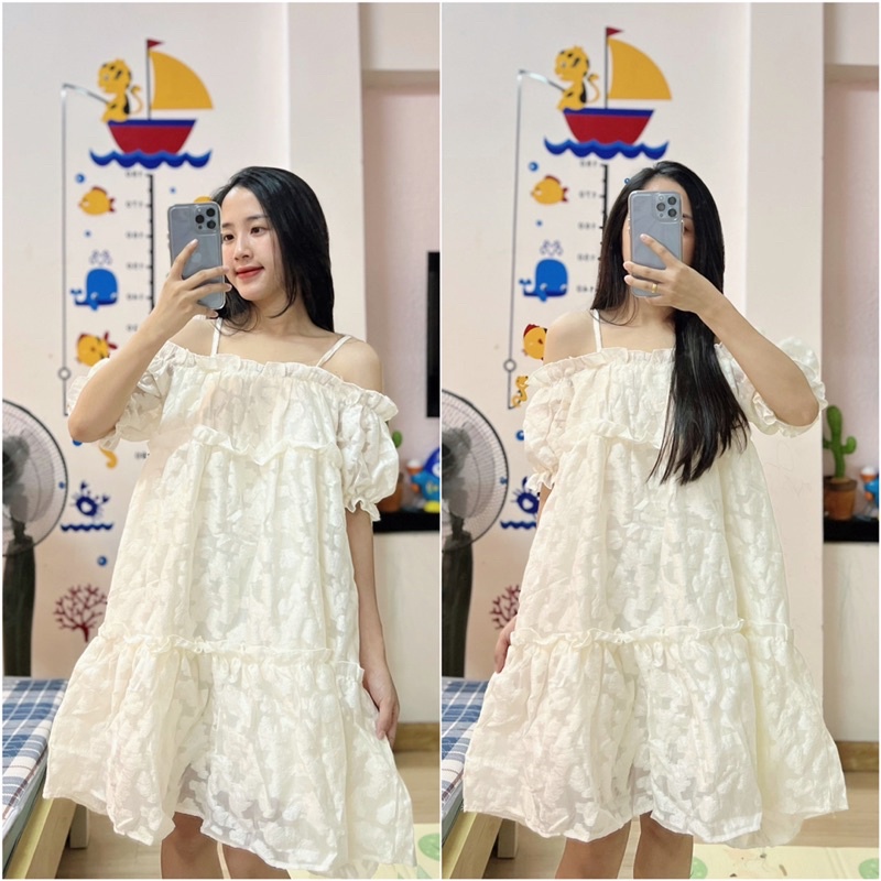 Đầm trễ vai hoa nổi