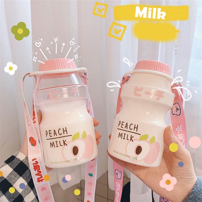 Bình Đựng Nước Nhựa Sữa Chua Cute 480ml, tặng dây đeo bình dễ thương | BigBuy360 - bigbuy360.vn