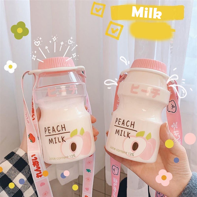 Bình Đựng Nước Nhựa Sữa Chua Yakult Cute 480ml, tặng dây đeo bình dễ thương