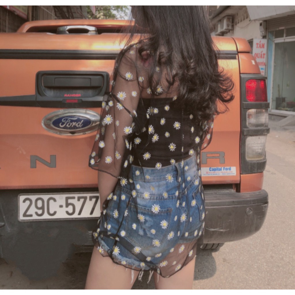 ÁO LƯỚI HOA CÚC ULLZANG TAY LỠ - SET ÁO REN DAISY + ÁO QUÂY 2S - ÁO CHOÀNG LƯỚI HOA CÚC - Hot