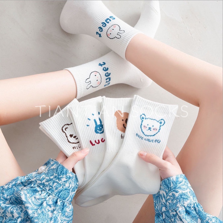 Tất vớ  nữ cổ cao Tất trắng in hình gấu dễ thương phong cách Nhật Bản T002