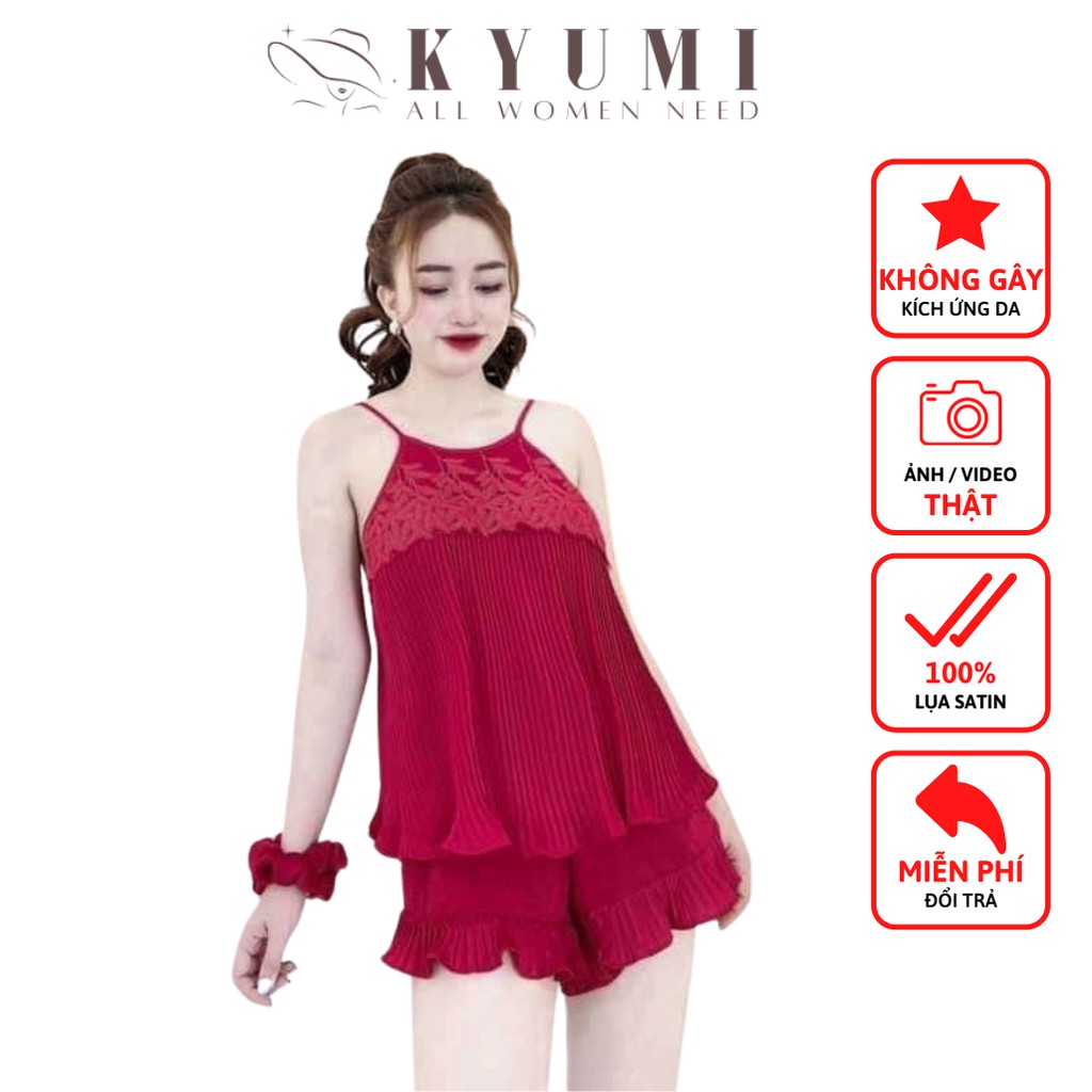 Đồ ngủ sexy yếm 2 dây dập ly phối ren KYUMI OFFICIAL chất liệu lụa satin mềm mịn mát, freesize 40-65kg tùy chiều cao 013