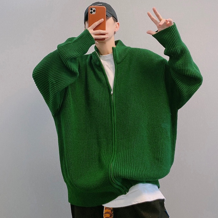 Áo len khoác ngoài nam form rộng ulzzang unisex, Áo khoác ngoài len cao cổ khóa kéo áo đôi màu xanh hot trend học sinh
