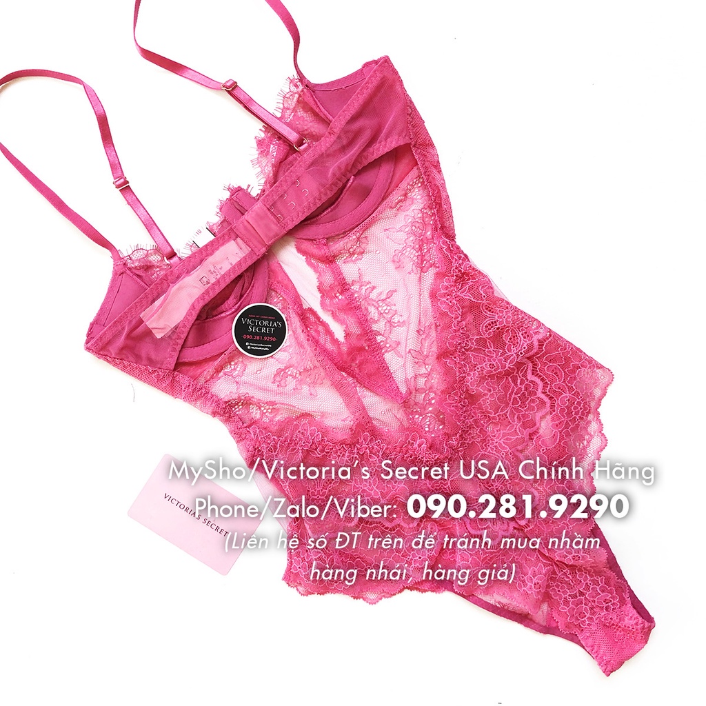 (Size S) - Áo hồng Teddy, Bodysuit (64) phối ren sexy, hở khe táo bạo, siêu gợi cảm, Lace Pink Fizz - VS USA