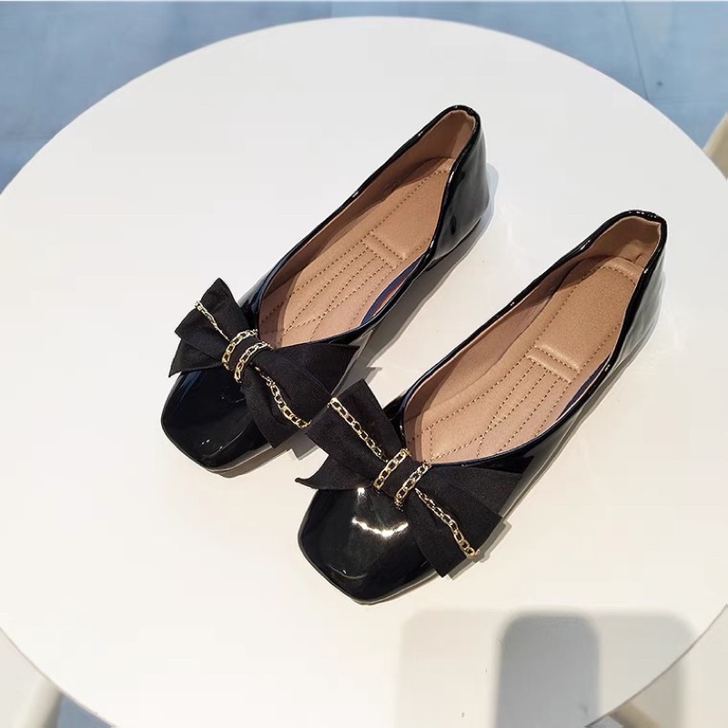 Giày búp bê đế bằng nơ đỏ da bóng giày Marry Sue