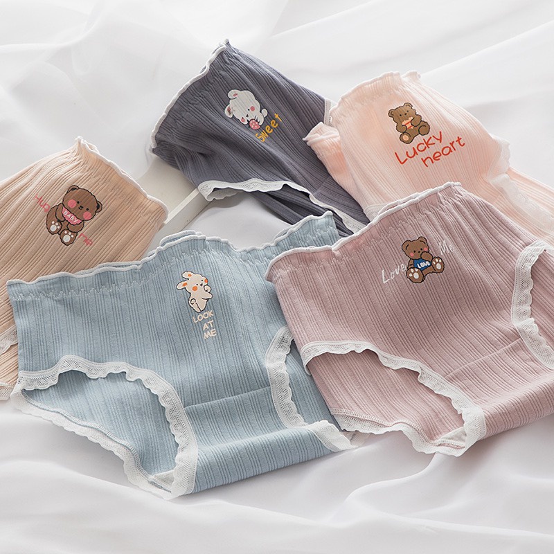 Quần Lót Nữ Cotton Tăm Phối Viền Ren Ren Thoáng Khí Họa Tiết Gấu/Thỏ Dễ Thương 345