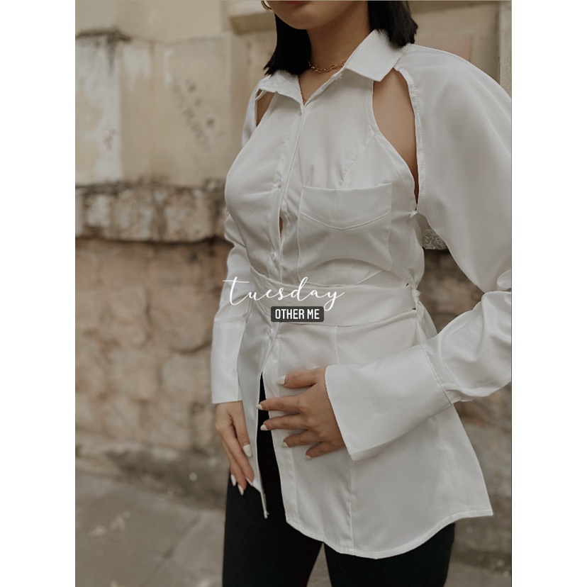 Kimiko white tie shirt áo sơ mi trắng xẻ lưng dài tay | BigBuy360 - bigbuy360.vn