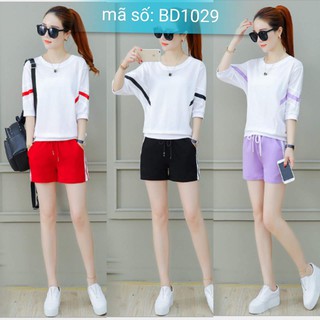 Set bộ đồ thể thao short áo tay lỡ cánh dơi phối viền màu cách điệu sang trọng