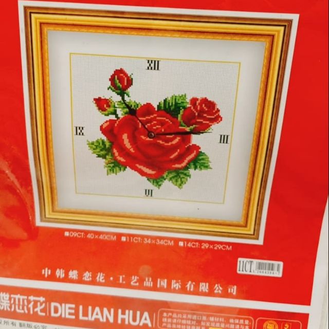 Tranh thêu chữ thập đồng hồ hoa hồng, 34x34cm