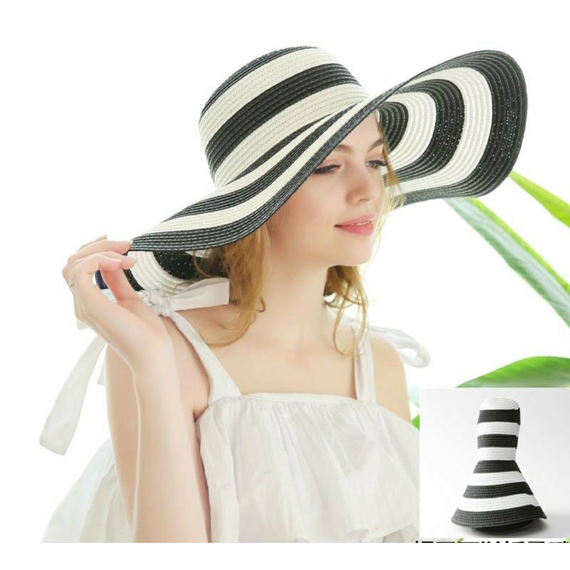 Mũ đi biển gấp gọn sọc trắng đen thời trang nón rộng vành cho nữ Lh0917399527