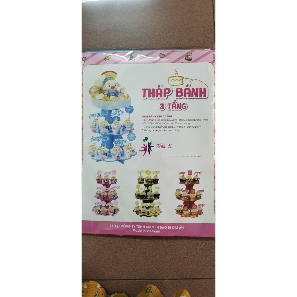 Kệ bánh sinh nhật cupcake 3 tầng bằng bìa cứng trang trí sinh nhật/ thôi nôi / đầy tháng