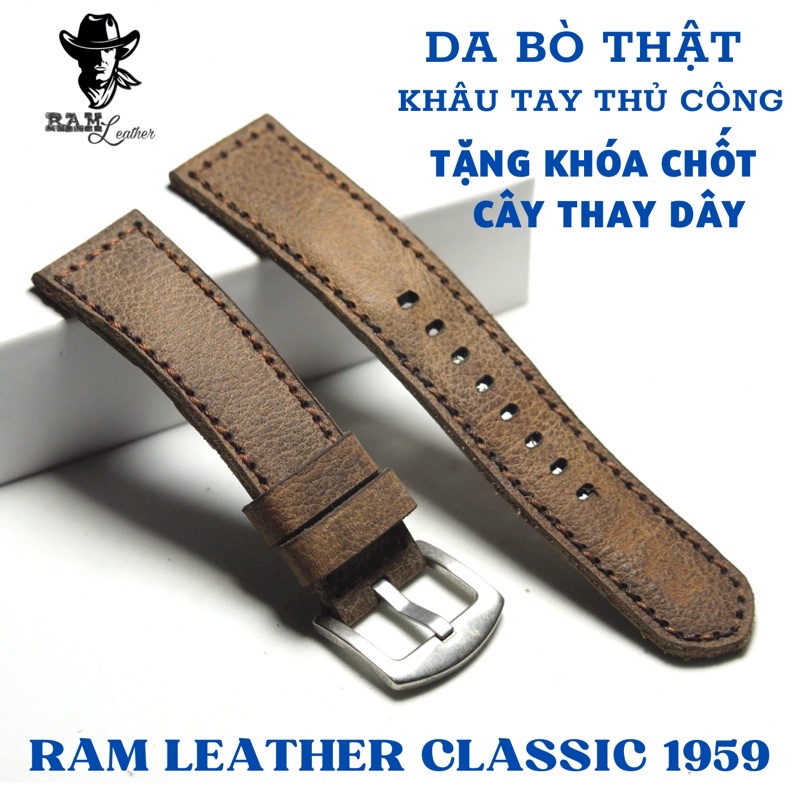 Dây đồng hồ da bò sáp vân hạt cao cấp RAM Leather classic 1959 - tặng khóa chốt và cây thay dây