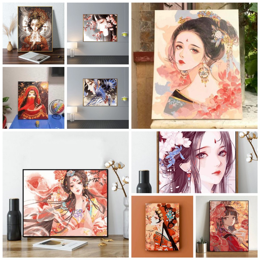 Tranh tô màu theo số CÓ KHUNG 40x50cm hình cô gái, cá và hoa