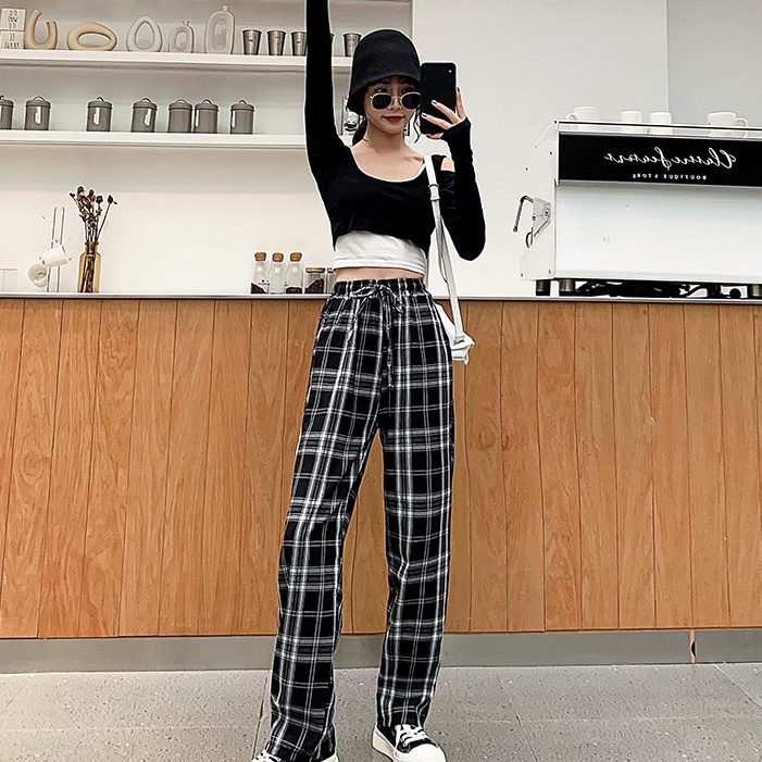 Quần dài SUXI lưng cao ống rộng kẻ sọc caro phong cách Hàn Quốc