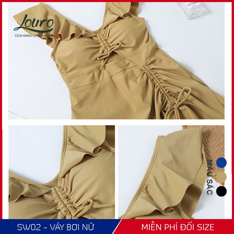 Áo bơi nữ 1 mảnh liền kín đáo Louro, kiểu bikini đi biển tay ngắn chun eo phong cách đồ bơi hàn quốc - SW02