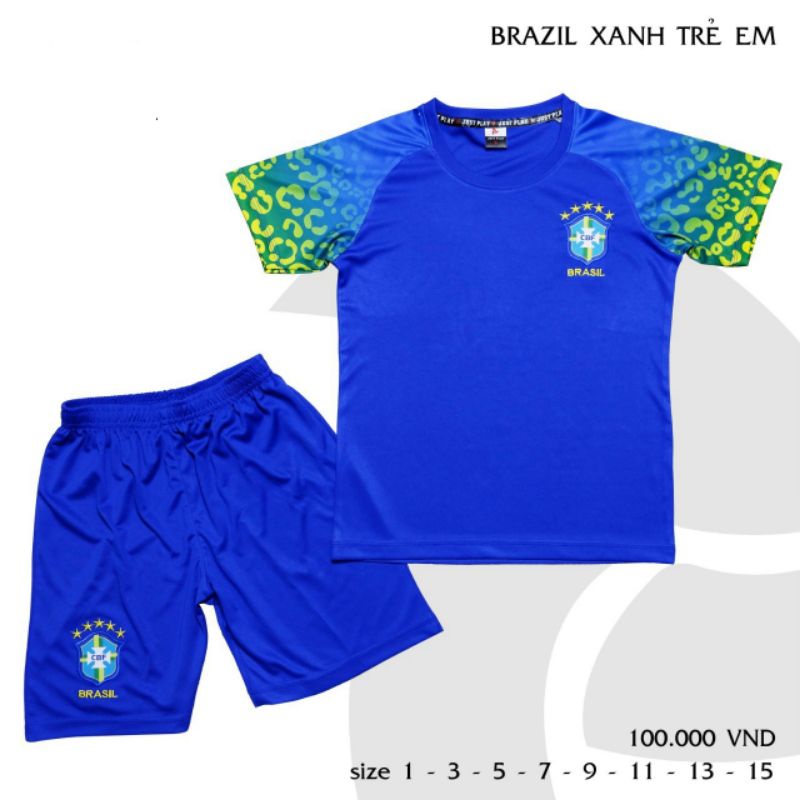 Bộ quần áo bóng đá Brazil xanh trẻ em