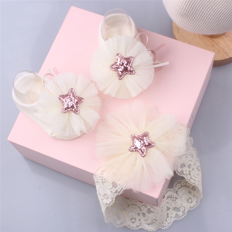Set 2 món gồm tất và băng đô co giãn trang trí ren và nơ đáng yêu dành cho bé