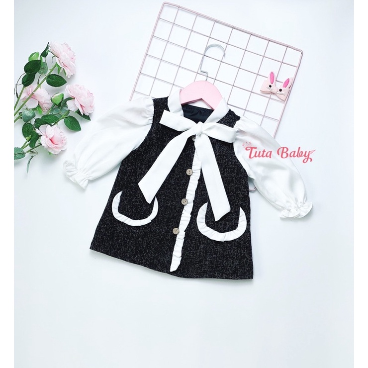 Váy Thu Đông Cho Bé Gái Chất Dạ Phối Lụa  Dễ Thương, Váy Bé Gái Thiết Kế  2 Lớp FREESHIP, Váy Trẻ Em Thiết Kế Tutababy