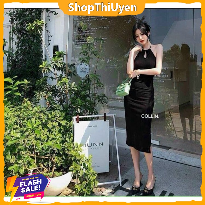 Đầm đen ôm body chất vải thun cổ yếm thắt dây hở lưng sexy sang trọng