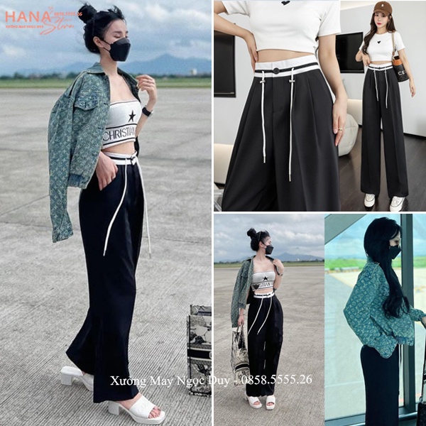 Quần ống rộng cạp cao viền trắng đen khóa trước dây rút - Quần tây nữ lưng cao chun thun ống rộng đi học chơi công sở
