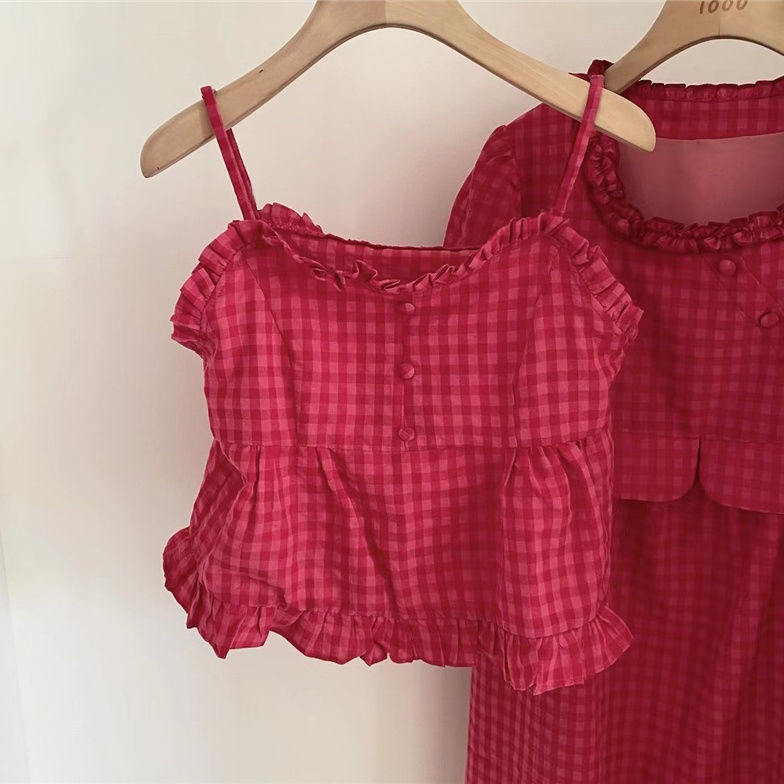 Jiashucheng Áo Hai Dây Kẻ Sọc Caro Trắng Trái Cây Nấm Cạnh Hoa Hồng Đỏ Dễ Thương Mùa Hè ins Cho Nữ