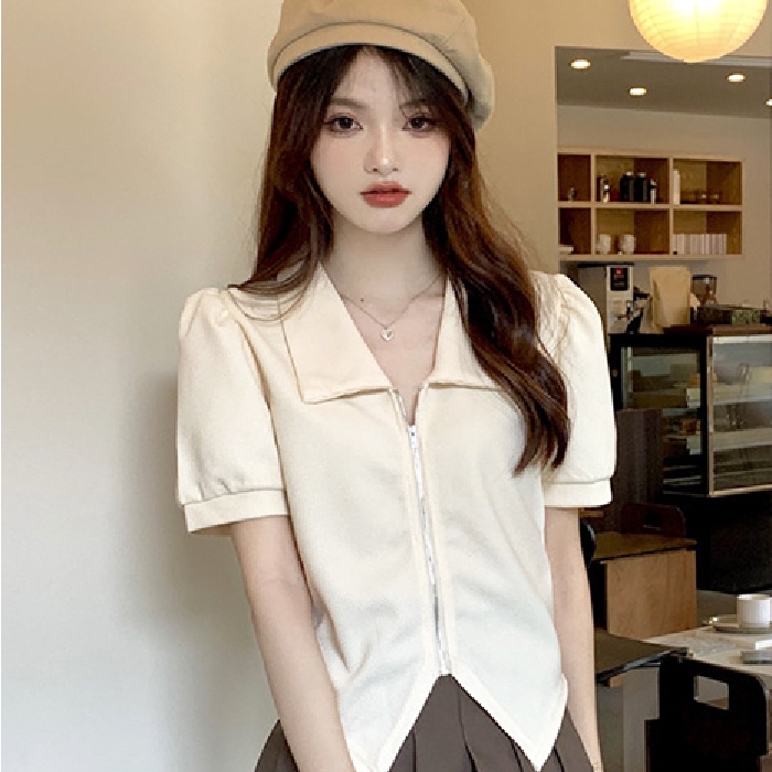 【ZHELIHANGFEI】 Áo Cardigan Dệt Kim Ngắn Tay Cổ POLO Phối Khóa Kéo Cá Tính
