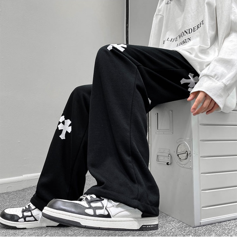♞AFF LIGA♞ Quần dài lưng thun dáng rộng thêu họa tiết chữ thập phong cách đường phố cá tính cho nam