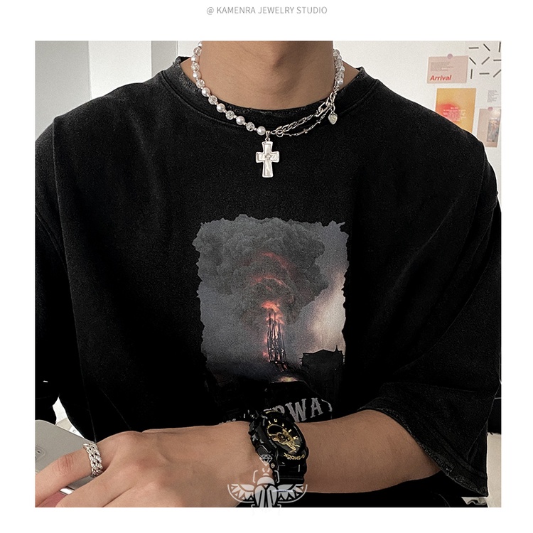 Vòng cổ Chuỗi Ngọc Trai Mặt Thánh Giá Sang Trọng Phong Cách hip hop