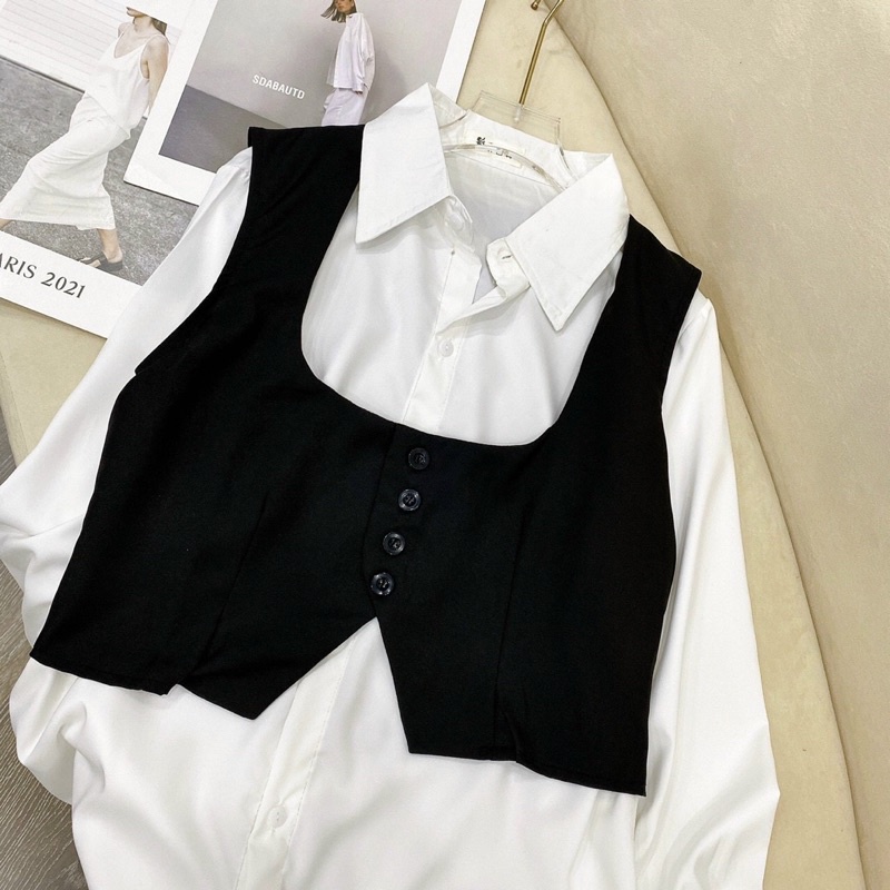 Set áo lồng sơ mi tay bo chun 2 trong 1
