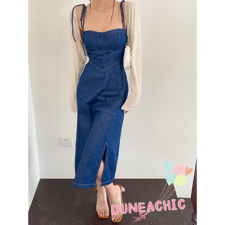 DUNEA Đầm Denim Trễ Vai Xẻ Tà Gợi Cảm Dành Cho Nữ