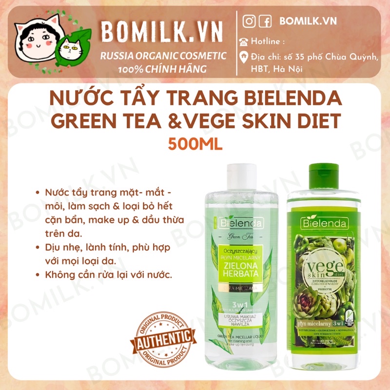 Nước tẩy trang Bielenda Green tea & Vege Detox/ Skin Diet - làm sạch & loại bỏ bụi bẩn