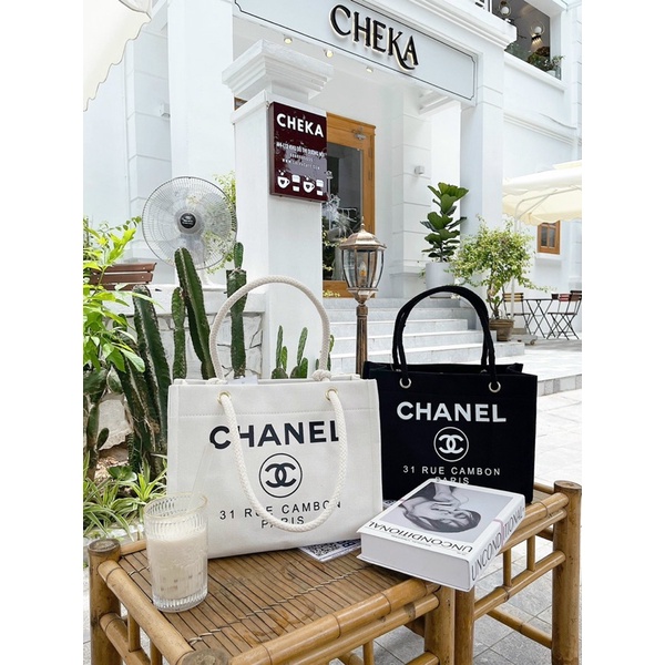 Túi Tone phối chữ C.N vải Canvas dày sức chứa lớn phong cách thời trang Hàn Quốc