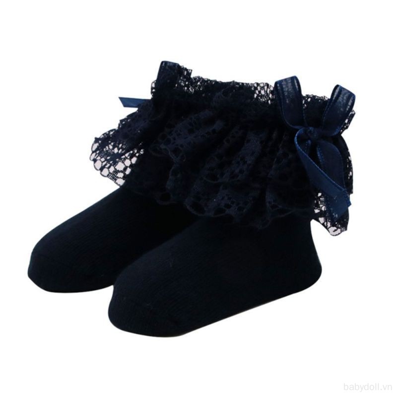 Vớ Cotton Mềm Mại Phối Ren Nhún Bèo Màu Trơn Dành Cho Bé Gái