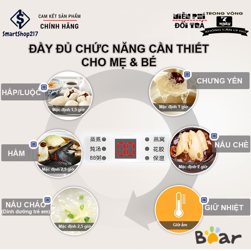 [Hàng có sẵn] Nồi nấu cháo chậm Bear, Hầm, Hấp cách thủy 0,8L - Bảo hành 12 tháng