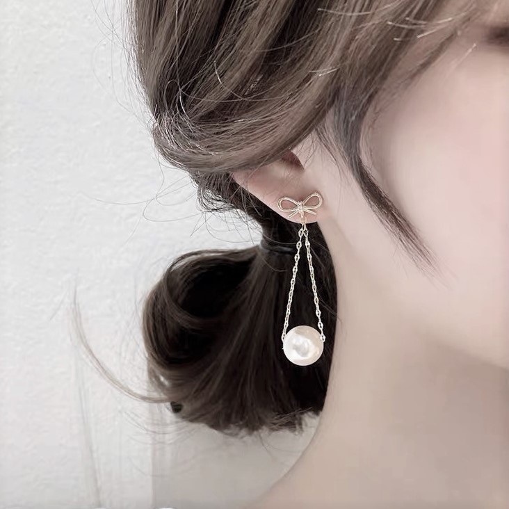 Bông tai bạc hình nơ treo hạt trai, khuyên tai bạc ta mẫu mới 2021 - Trang sức bạc Evasilver