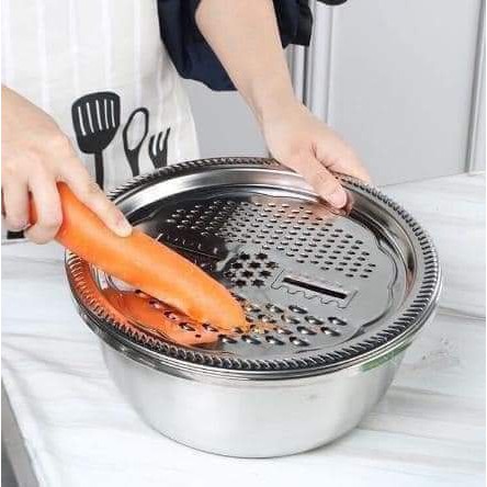 SÉT CHẬU,RỔ, NẠO CỦ QUẢ BÀO SỢI INOX 3 IN 1