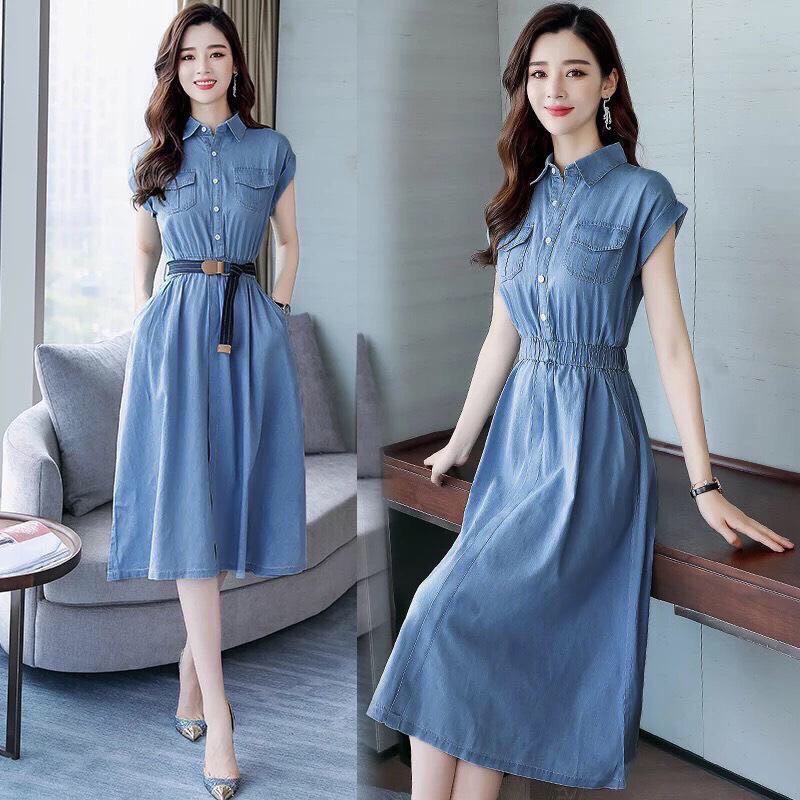 Váy Xoè Jean Cổ Sơ Mi 2 Túi