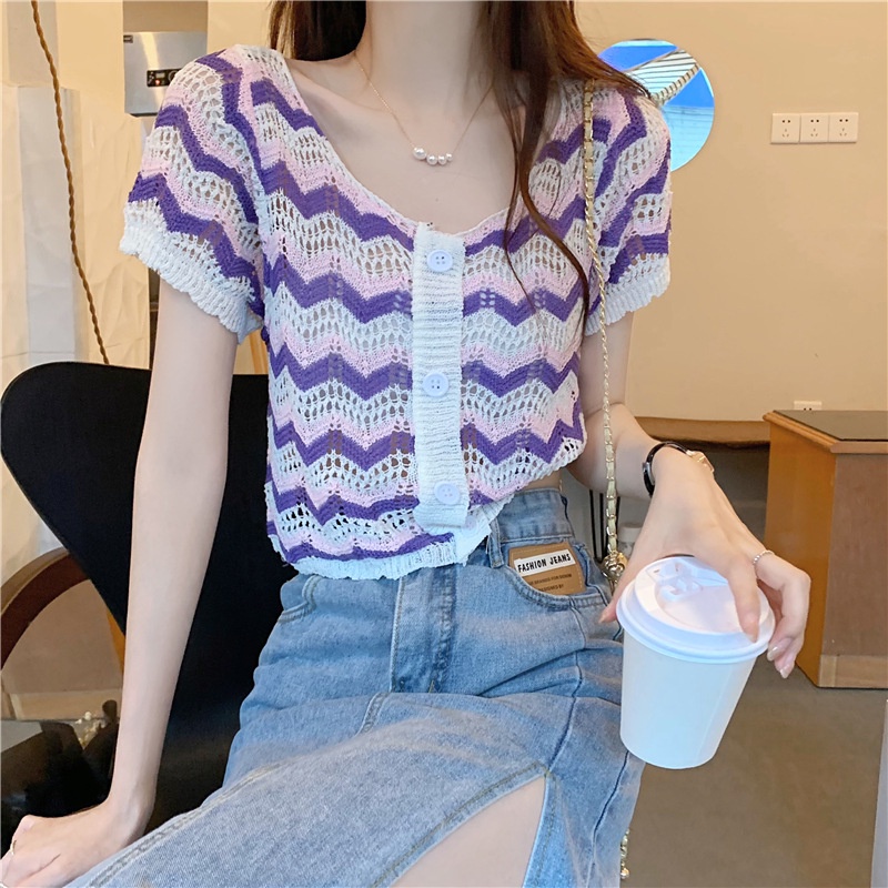 Áo Thun Dệt Kim Dáng Ngắn Họa Tiết Kẻ Sọc Màu Sắc Tương Phản Thời Trang Mùa Hè Cho Nữ