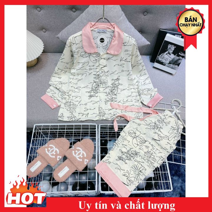 Bộ Ngủ Mẫu Sam Dài Tay Chất Vải Mango Dài Tay Phối Viền Họa Tiết Dễ Thương