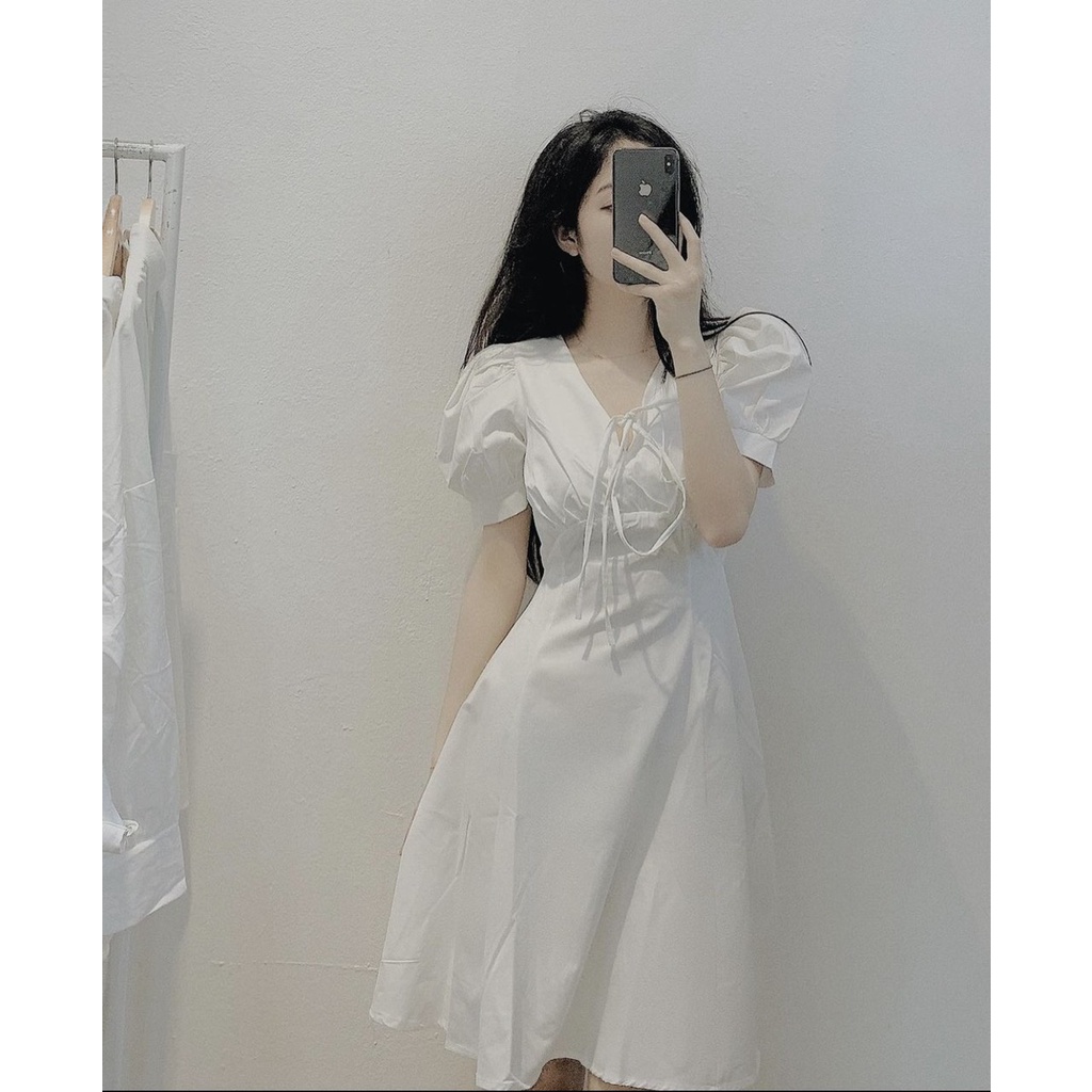 Váy thiết kế tay bồng cổ v, váy maxi nơ ngực Hàn Quốc