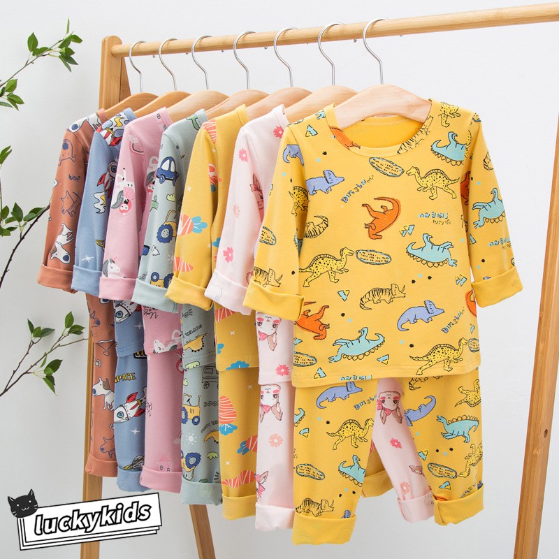 Bộ Đồ Ngủ 2 Món Tay Dài Vải Cotton Mềm In Hoạt Hình Thời Trang Thu Đông Cho Bé