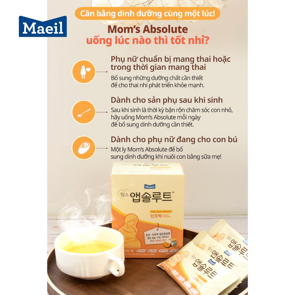 Sữa Bầu MAEIL Mom’s Absolute Hàn Quốc Hương Bí Ngô, Bố Sung Các Dưỡng Chất, Vị Ngon Dễ Uống  (10 Gói x 20g)