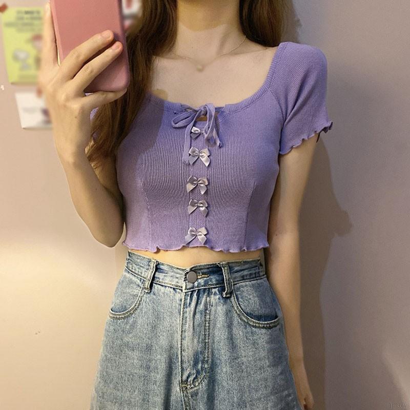 [Mã FAMAYWA giảm 10K đơn 50K] Áo kiểu dệt kim ngắn tay đính nơ phong cách Hàn Quốc xinh xắn thời trang cho nữ | BigBuy360 - bigbuy360.vn