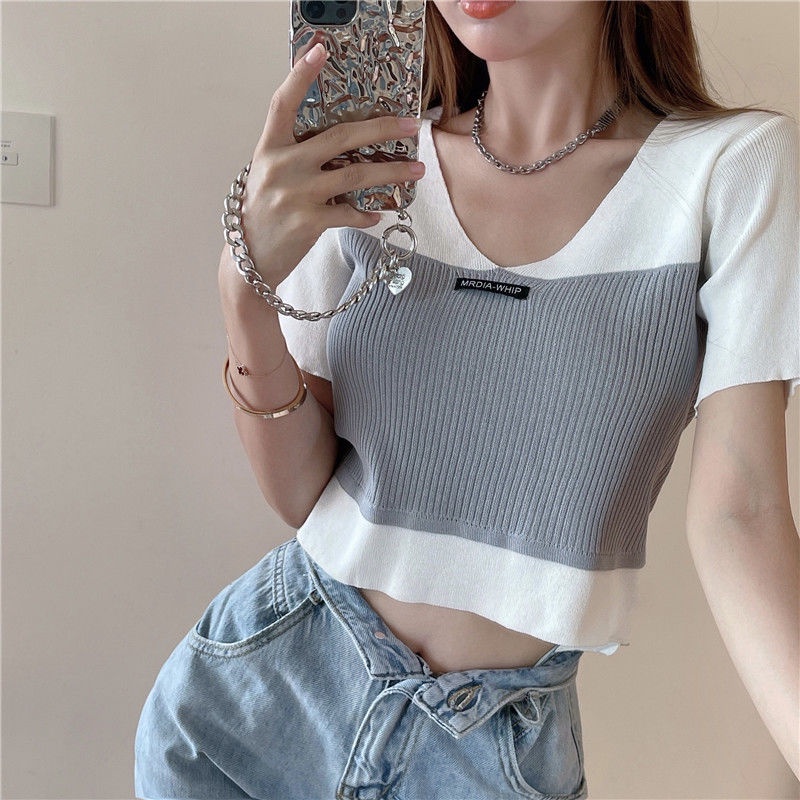 Áo Thun Tay Ngắn Cổ Chữ v Thiết Kế Giả Hai Lớp Chất Liệu Lụa Lạnh Thời Trang Cho Nữ Áo phông Nữ NZ-TX-29
