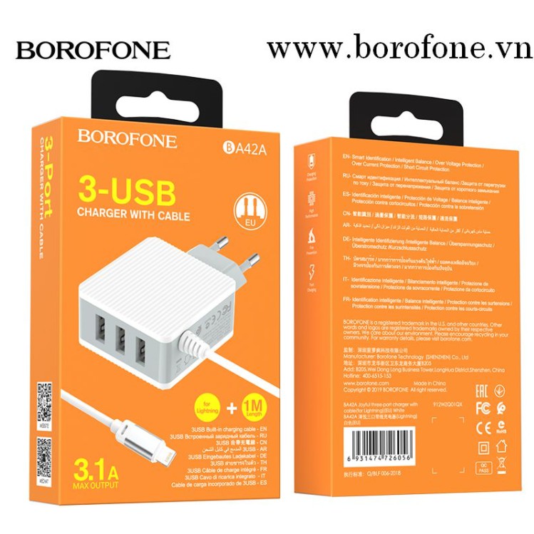 Cục cốc Sạc nhanh Borofone BA42A Iphone Lightning 4 cổng USB - Bảo hành toàn quốc