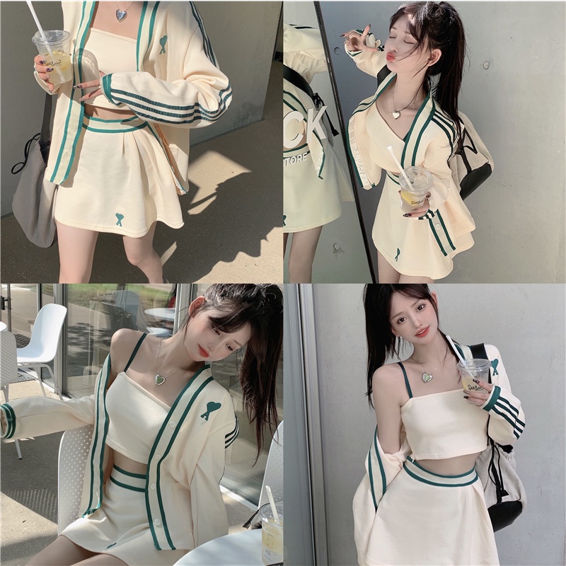 Bộ Áo Cardigan Cổ Chữ V + Áo Hai Dây + Chân Váy Xếp Ly Xinh Xắn Theo Phong Cách Mùa Thu 2022