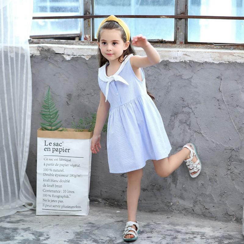 ♕ babyme ღ Baby Girls Striped Print Sleeveless Dress Cotton Sundress