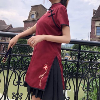Sườn xám đỏ thêu hoa+ váy đen - freestyle- hanfu