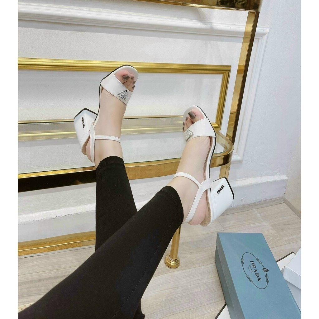 Sandal Prada da bóng gót trụ tag sang chảnh fullbox bill túi giấy